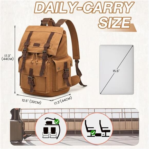 Men’s Leather Canvas Backpack Large Bag Khaki - Picture 3 of 6